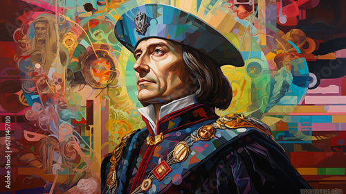 Christophe Colomb, explorateur sur fond coloré photo