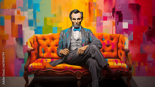 Abraham Lincoln assis sur un canapé et fond coloré photo