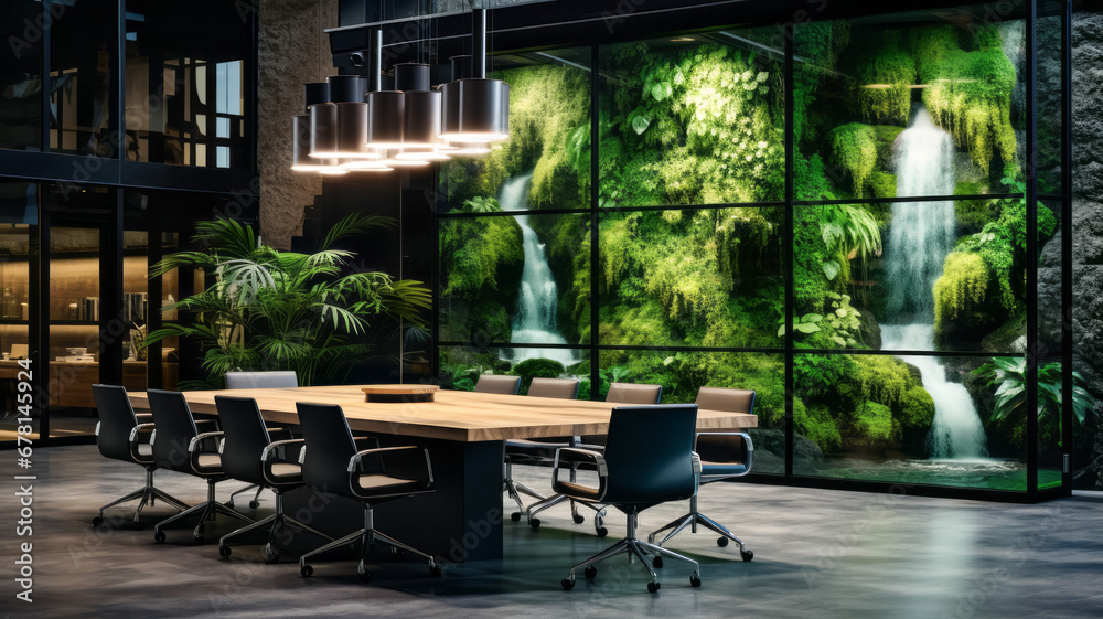 Modern meeting room with panoramic view on waterfall. 3D Rendering. Concept of green industry and environment protection