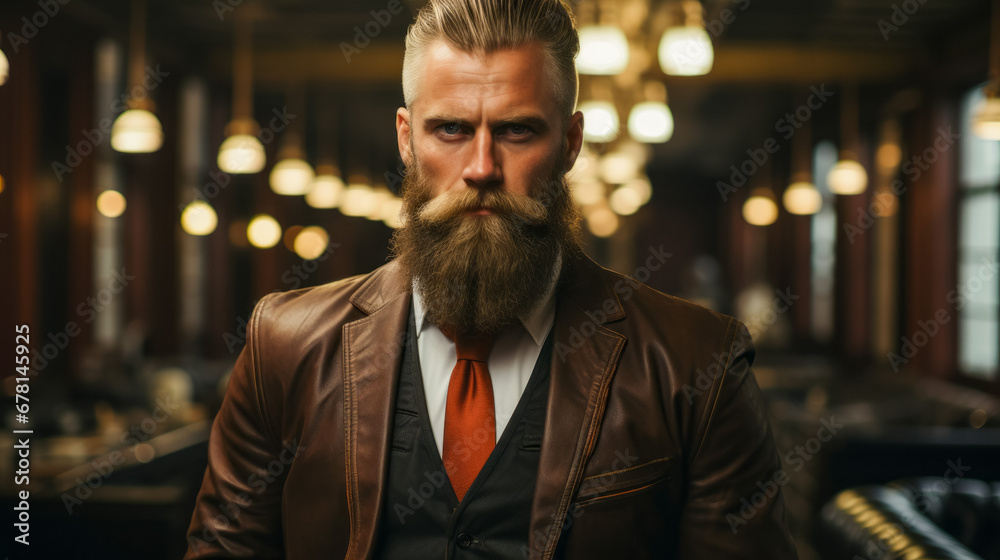 Handsome man with long beard and mustache in brown leather jacket Handsome man with long beard and mustache in brown leather jacket