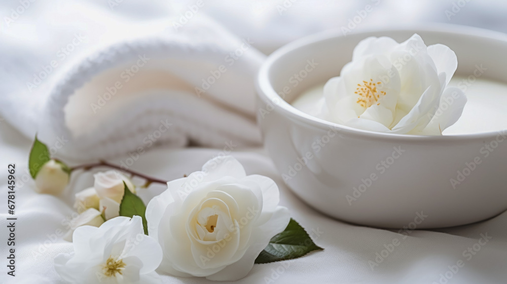 White roses, cream and napkin on a white background. Concept of spa