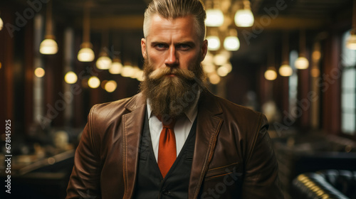 Handsome man with long beard and mustache in brown leather jacket