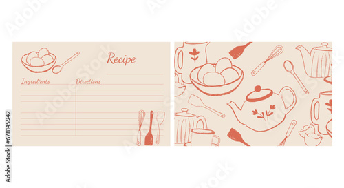 Recipe cards. Cooking card template set. Hand drawn culinary notes with doodle kitchen utensils. Vector illustration, isolated