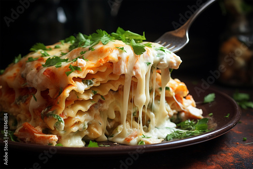 Lasagna with salmon, zucchini, bechamel sauce, parmesan cheese and leeks. 