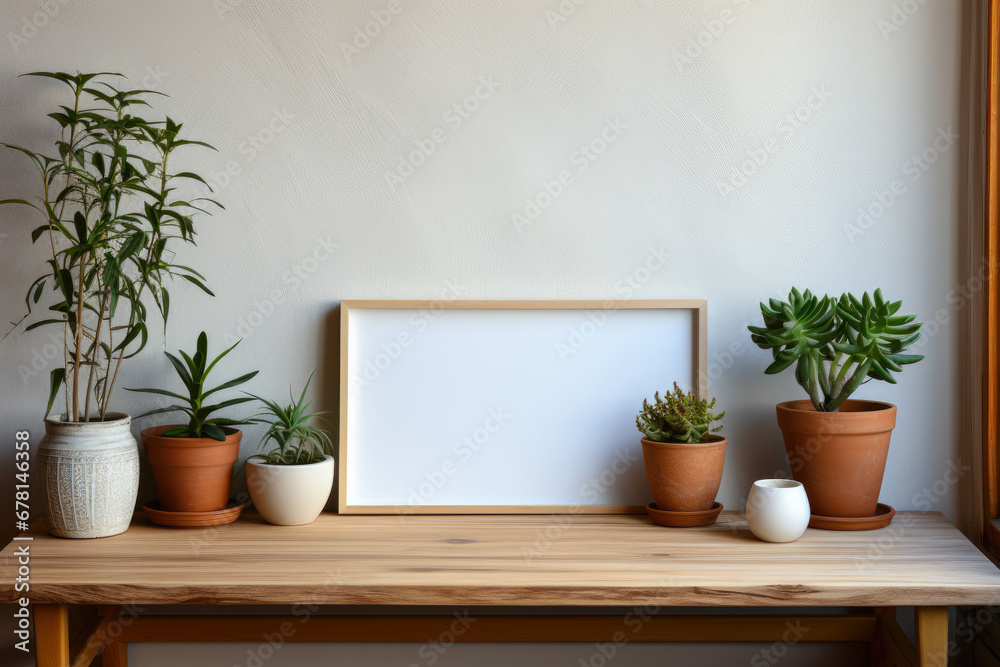 Mock up frame poster with tropical leaf plant in pot on wooden table. Lifestyle home decor. Mock up frame poster with tropical leaf plant in pot on wooden table. Lifestyle home decor.