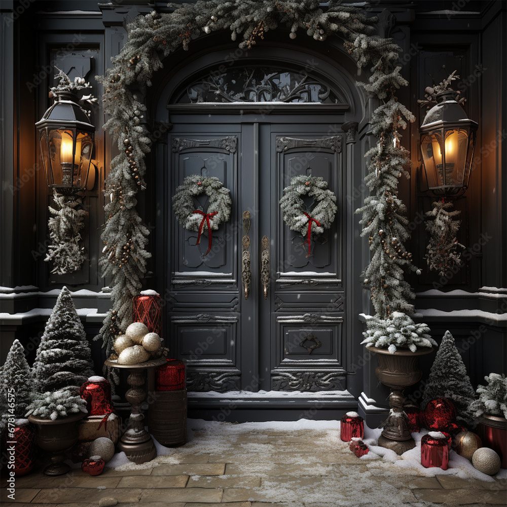 Fototapeta premium New Year concept background of a gray door in Christmas decoration with garlands and fir trees nearby. Christmas celebration, home decoration, family holiday. Copy space.