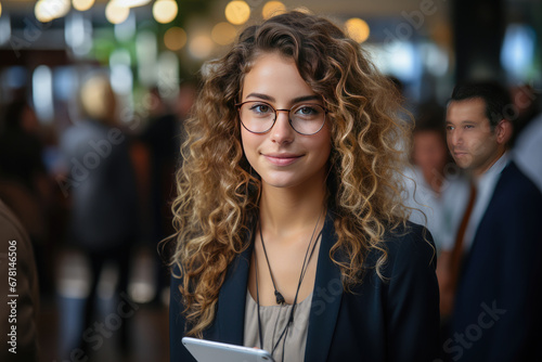 Portrait of young smiling woman looking at camera with crossed arms. Happy girl standing in creative office. Successful businesswoman standing in office with copy space.