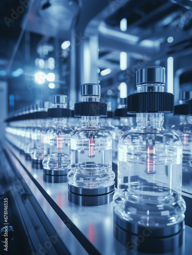 Pharmaceutical factory production line medical vials, pharmaceutical machine work pharmaceutical glass bottle production line,Vaccine production concept	