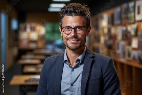 Portrait of happy handsome young businessman with glasses,