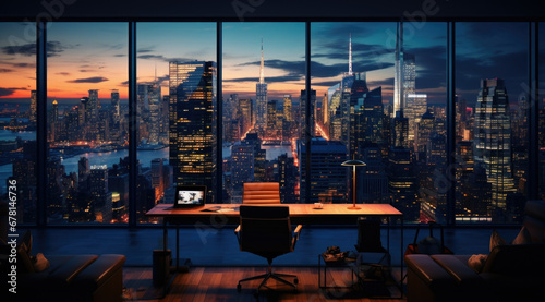 Empty office contemporary interior office with city skyline and buildings city from glass window