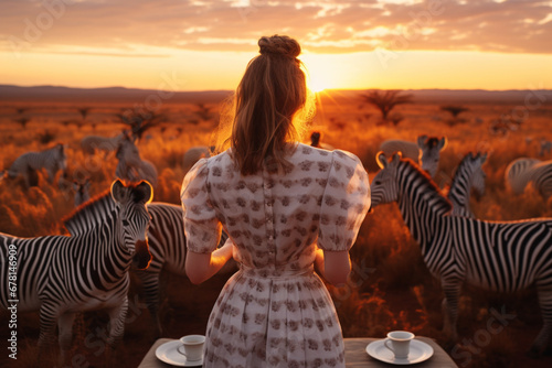 rear view of Young woman contemplating a view of zebras having sunset dinner walking at the meadow, aesthetic look