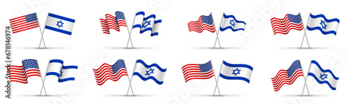 United states flag and Israel flag set, frenship symbol, wavy shape flag pole realistic illustration photo