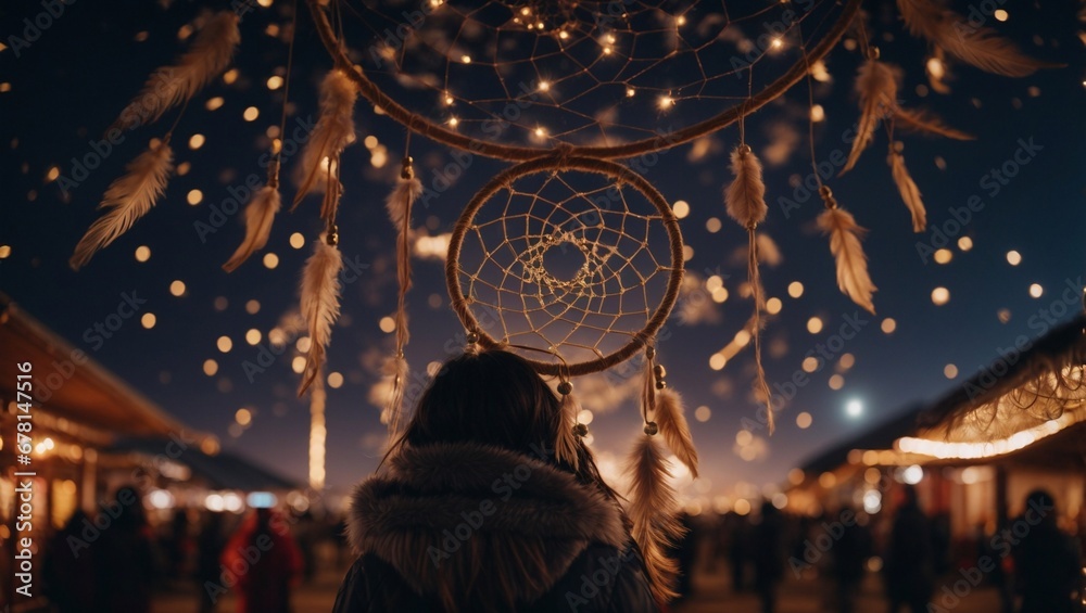 Dreamcatcher set against the night sky on New Year's Eve, capturing the dreams, hopes, and aspirations of people worldwide, creating a tapestry of collective wishes.