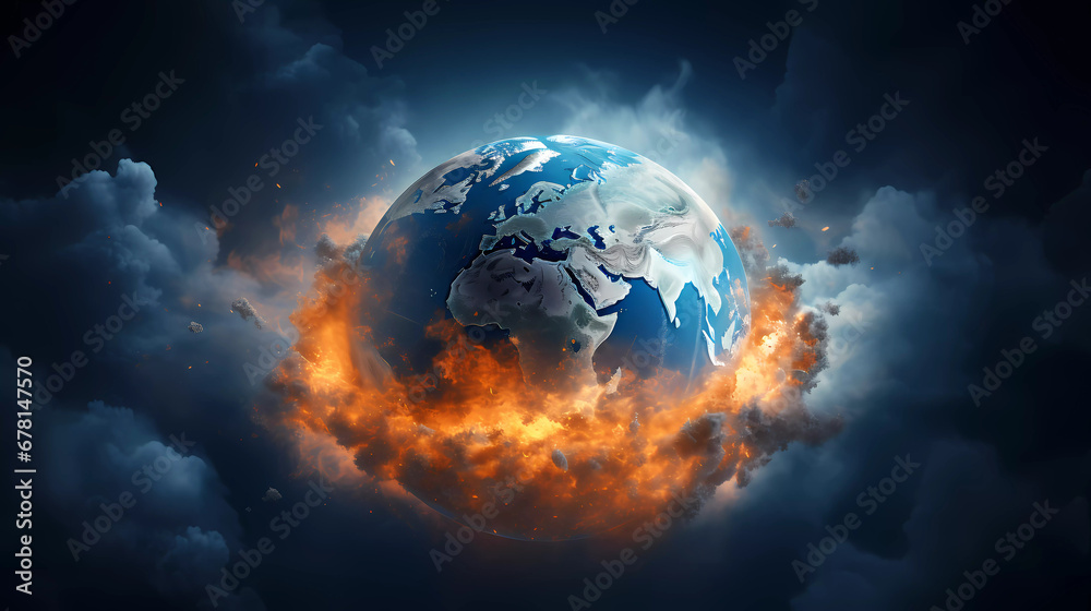 A blue and orange earth with clouds of smoke coming out of it's center and a blue background