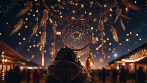 Dreamcatcher set against the night sky on New Year's Eve, capturing the dreams, hopes, and aspirations of people worldwide, creating a tapestry of collective wishes.