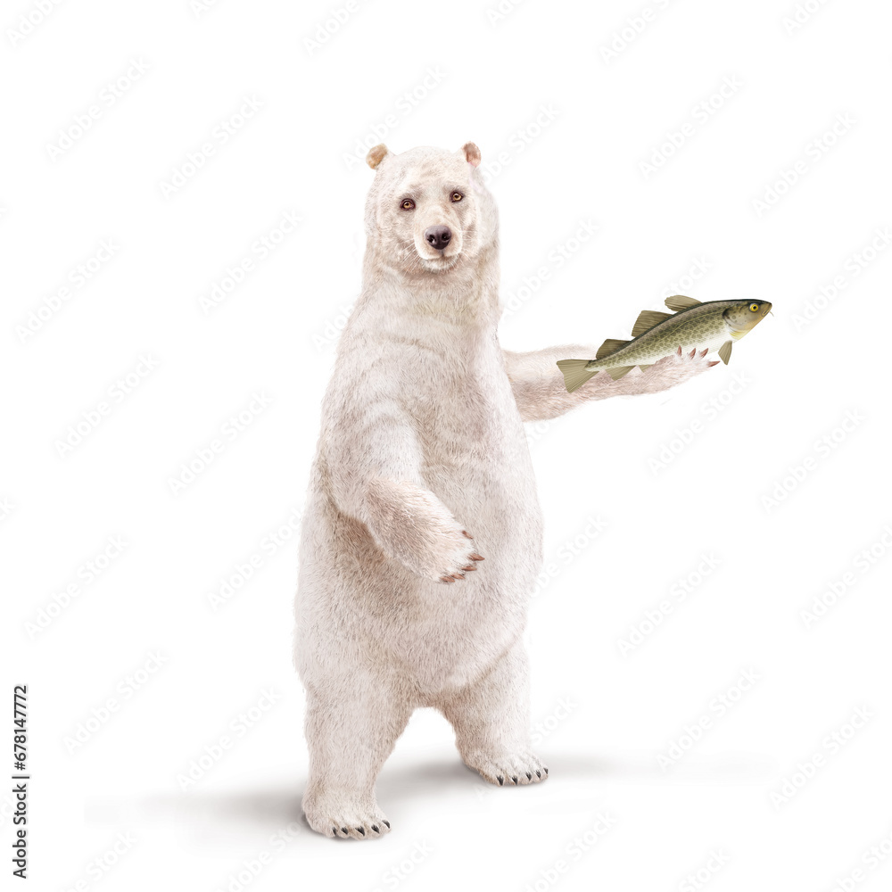 illustration d'un ours polaire avec une écharpe qui tiens un poisson           dans la main