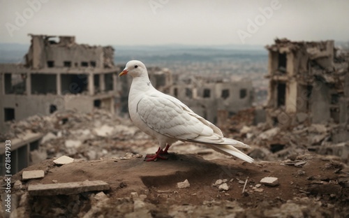 White dove above city in ruins. Chaos, disaster and post war scenery concept. War victims and peace idea. With copy space.