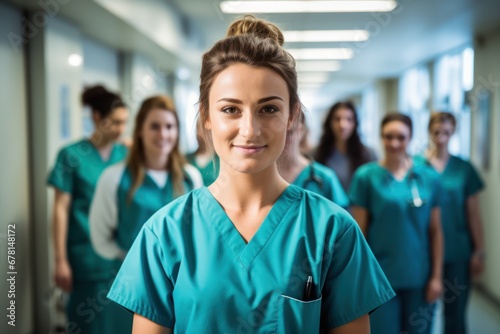 Young beautiful smiling woman doctor in a medical uniform with a stethoscope stands with her arms crossed in the clinic corridor against the background of the medical team.