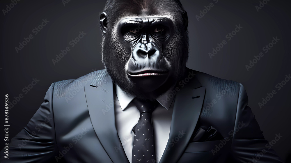 A gorilla wearing a suit and tie with a suit jacket on it's chest and a tie with a pocket square