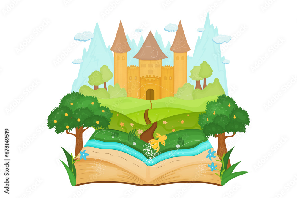 Open book with landscape fairytale castle fields, trees, river, small gold fish. Vector illustration