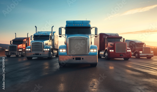 Truck on parking on sunset. American truck parked. Freight transport and Cargo shipping transportation. Semi trucks parked in row. Semi Tractor Trailer Trucks on highway. Semi Tractor Trailer Trucks