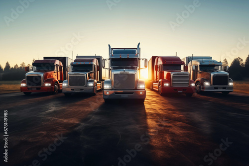 Truck on parking on sunset. American truck parked. Freight transport and Cargo shipping transportation. Semi trucks parked in row. Semi Tractor Trailer Trucks on highway. Semi Tractor Trailer Trucks photo