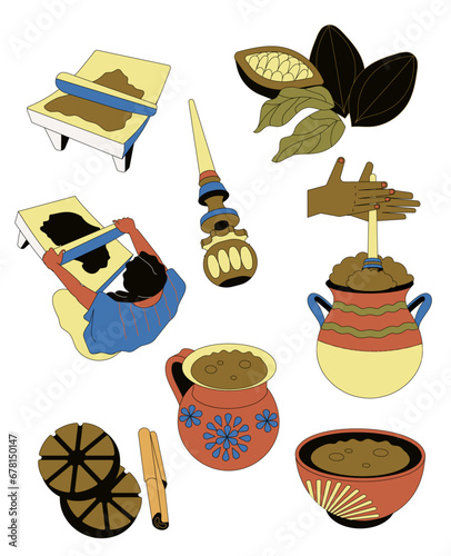 Colección de iconos del chocolate caliente mexicano, molinillo, canela, metate, tableta de chocolate. Bebida tradicional. Planta de cacao. México prehispánico.