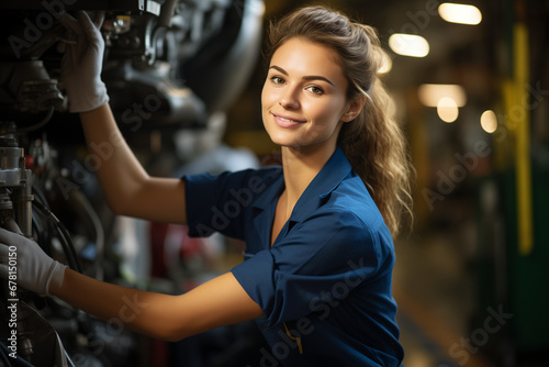 female aerospace engineer works on an aircraft, displaying expertise in technology and electronics, ai generated