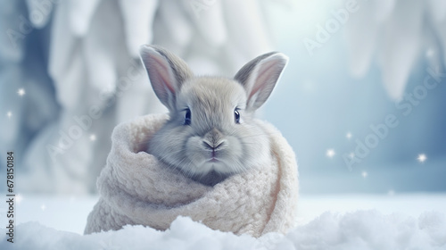 Cute rabbit whool cloths Christmas 
 rabbit in the snow baclground