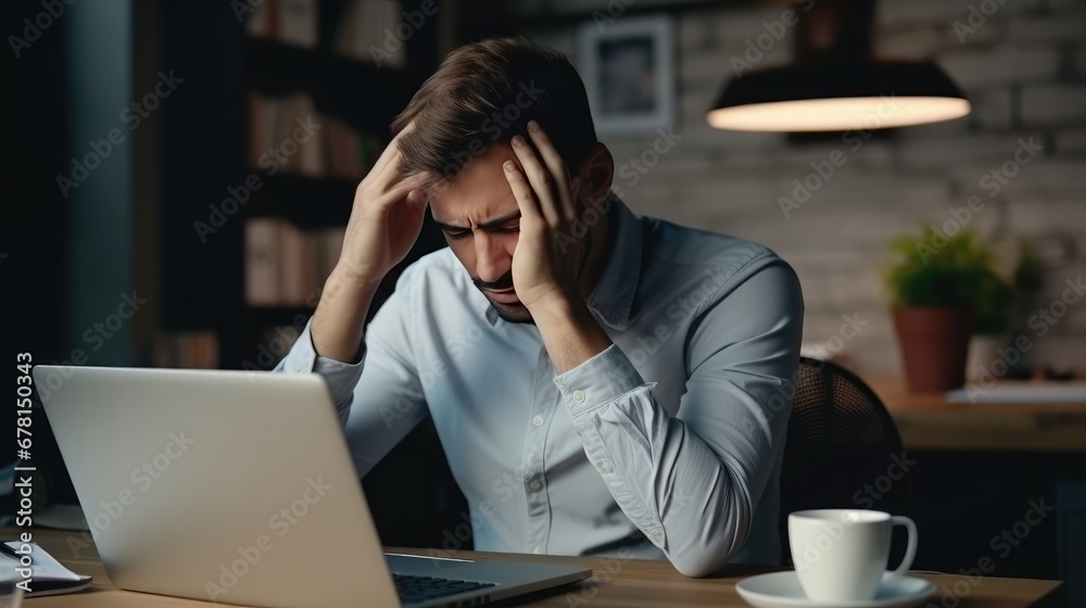 Tired man in the office at her laptop with a headache. Not feeling well. Stress at work Tired man in the office at her laptop with a headache. Not feeling well. Stress at work