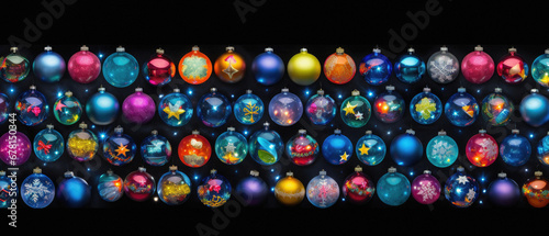 Colorful Christmas baubles on black background.