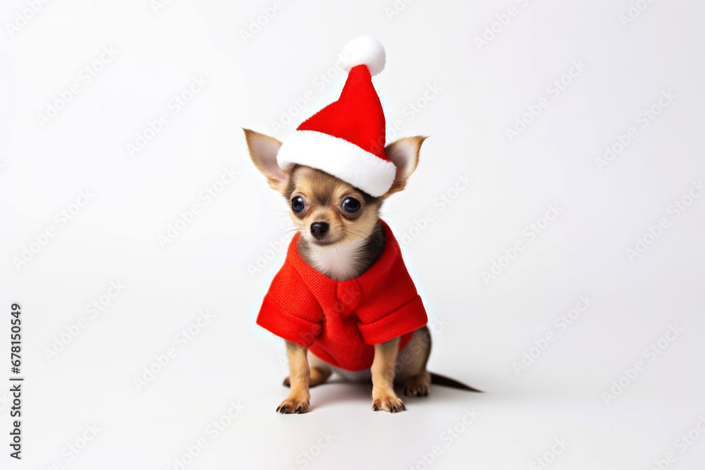 Chihuahua dog in Christmas hat and red sweater isolated on white background