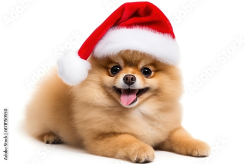 Pomeranian Spitz in red Christmas hat on white background