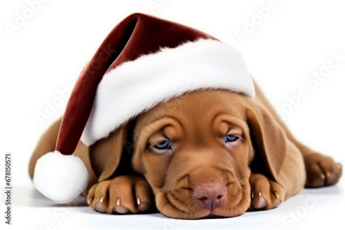 Bordeaux dog with blue eyes in Santa hat. New Year concept