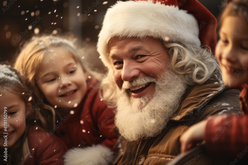 A playful and whimsical Santa Claus posing with a group of joyful children. Santa's rosy cheeks and the children's laughter convey the joy of the holiday season. A playful and whimsical Santa Claus posing with a group of joyful children. Santa's rosy cheeks and the children's laughter convey the joy of the holiday season.