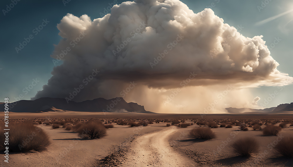 A large cloud emitting steam hovers above cracked, dry ground in a barren landscape, depicting the delicate balance between nature and climate impacts.