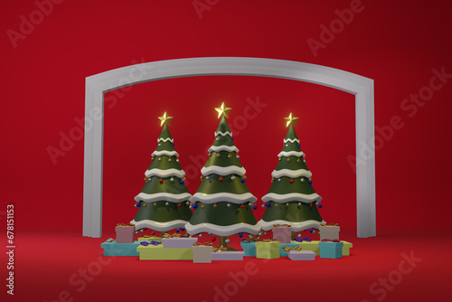 Christmas tree with decrorate items and giftbox.3D render