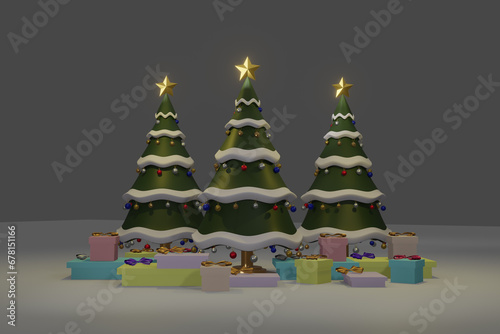 Christmas tree with decrorate items and giftbox.3D render