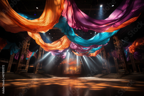 Breathtaking aerial silk display encircled by a carnival of colorful circus props 