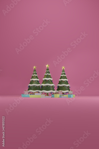 Christmas tree with decrorate items and giftbox.3D render