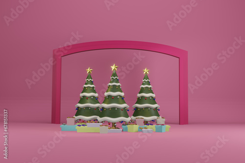 Christmas tree with decrorate items and giftbox.3D render