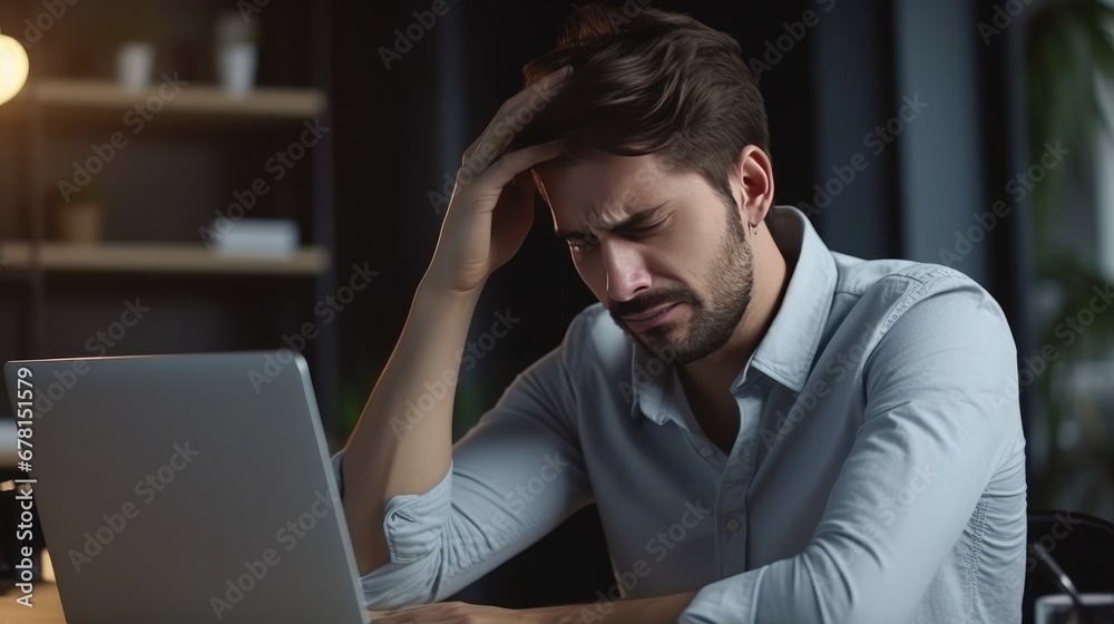 Tired man in the office at her laptop with a headache. Not feeling well. Stress at work Tired man in the office at her laptop with a headache. Not feeling well. Stress at work