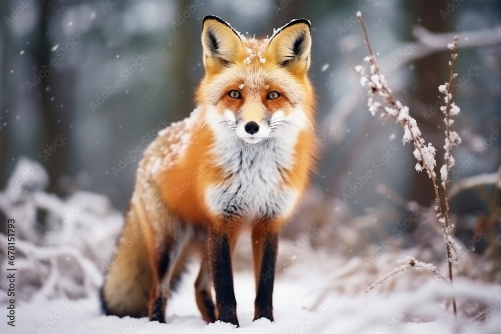 Red fox Vulpes vulpes on winter forest meadow in snowfall, Orange fur coat animal hunting in snow, Fox in winter nature, soft light photography