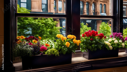 Window boxes are packed with flowers. A close-up of lush perennials in window boxes that are adorned with city buildings © simo