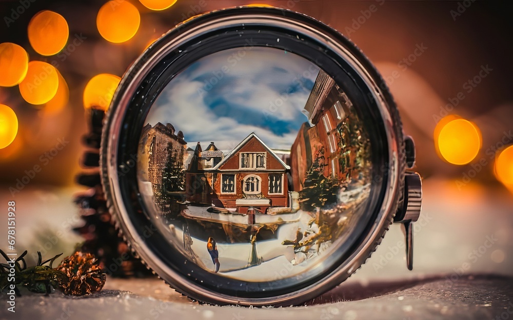 A creative shot of a Christmas village scene reflected in the lens of a vintage camera, adding a touch of nostalgia