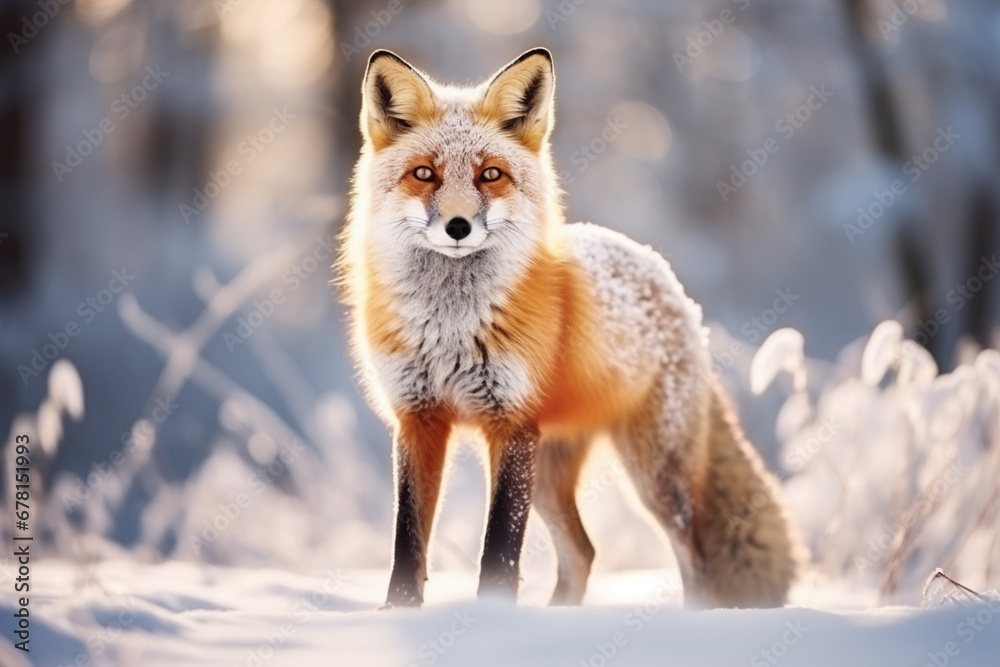 Red fox Vulpes vulpes on winter forest meadow in snowfall, Orange fur coat animal hunting in snow, Fox in winter nature, soft light photography Red fox Vulpes vulpes on winter forest meadow in snowfall, Orange fur coat animal hunting in snow, Fox in winter nature, soft light photography