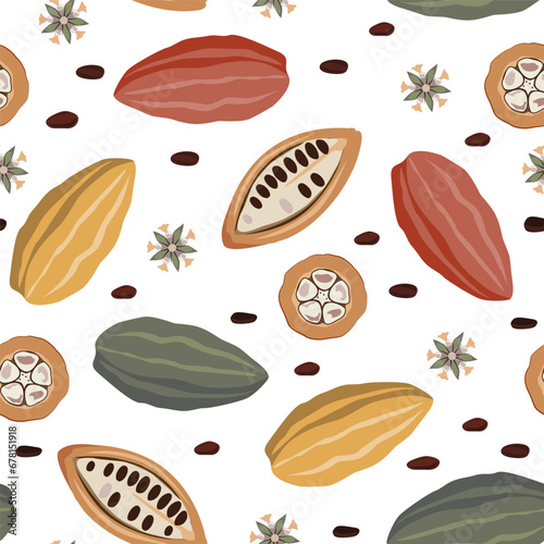 Cocoa beans and flowers seamless pattern. Hand drawn organic cacao fruits and, seeds. Superfood cacao vector background.