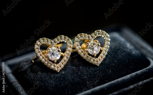 A detail shot of a pair of earrings in the shape of hearts, made of gold and diamonds, on a black velvet display