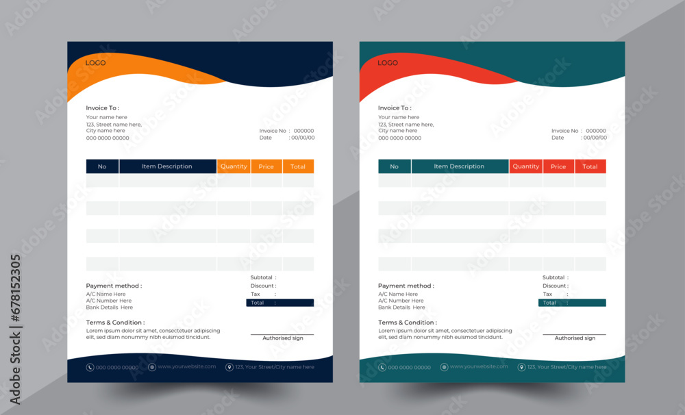 Modern, creative, unique and professional  corporate personal invoice design template with color concept variation.