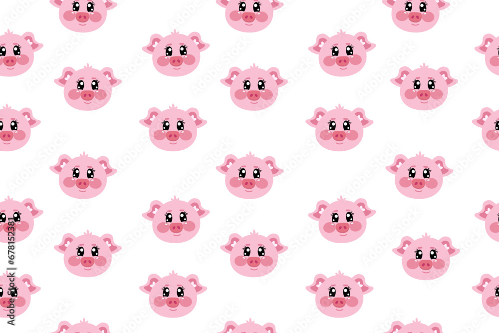 Seamless pattern with kawaii head of pig, piggy, cutie swine, piglet. Cute vector wallpaper for nursery, print or textile for kids